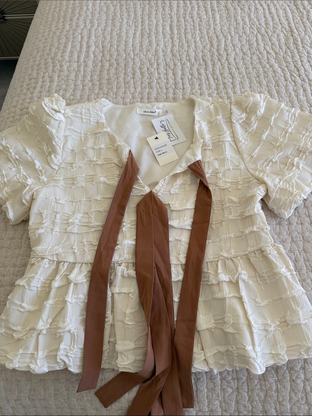 Mango Cream Ruffle Peplum Blouse with Brown Ribbon Tie